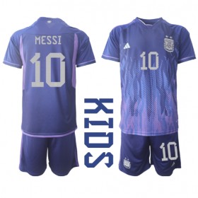 Argentina Lionel Messi #10 Borta Kläder Barn VM 2022 Kortärmad (+ Korta byxor)